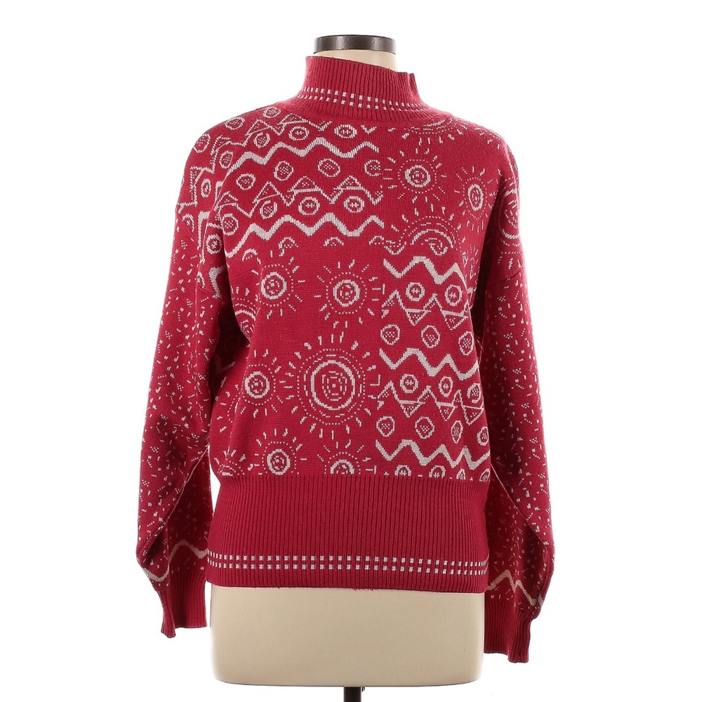 Vintage Demetre Ski Wool Red Print Mock Neck Pullover Sweater